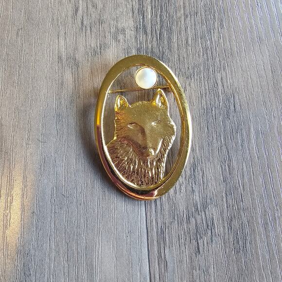 Vintage Gold Wolf Brooch with Moon Signed